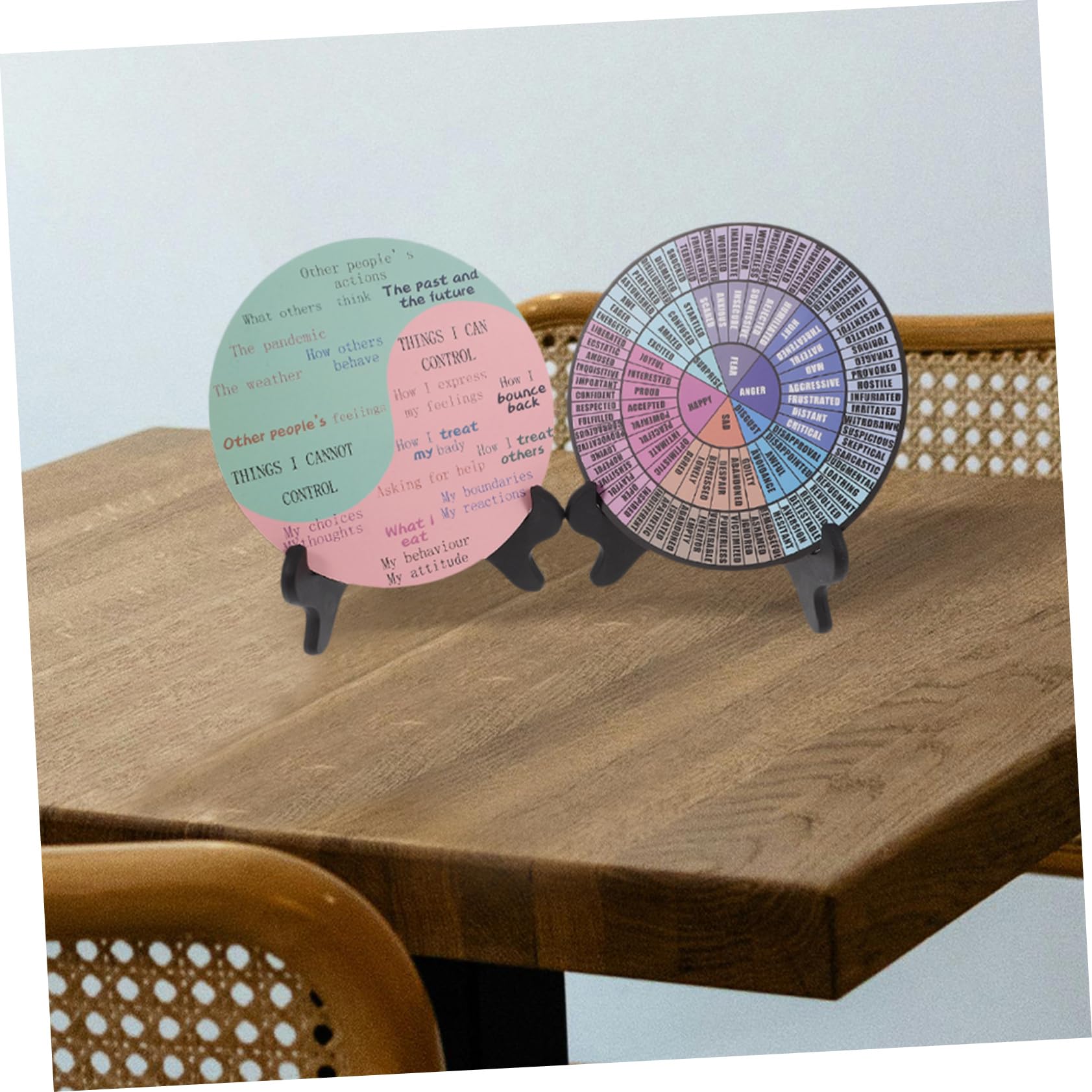 Angoily Gefühlsrad Klare Muster 2 Stück-pack mit Ständer aus Pvc und Holz Dekoration Emotionsrad und Lange Haltbarkeit für Büro und Zuhause Schreibtischdekorationen