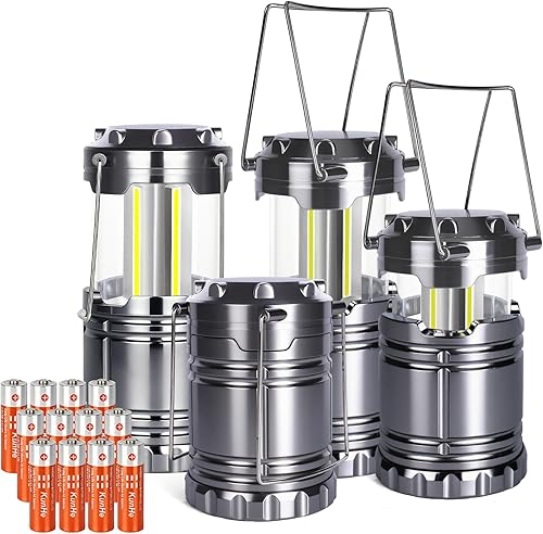 KUNHE Paquete de 4 faroles LED para campamento, funciona con pilas (incluye 12 pilas alcalinas AA), 350 lúmenes, IPX4, luz impermeable para cortes