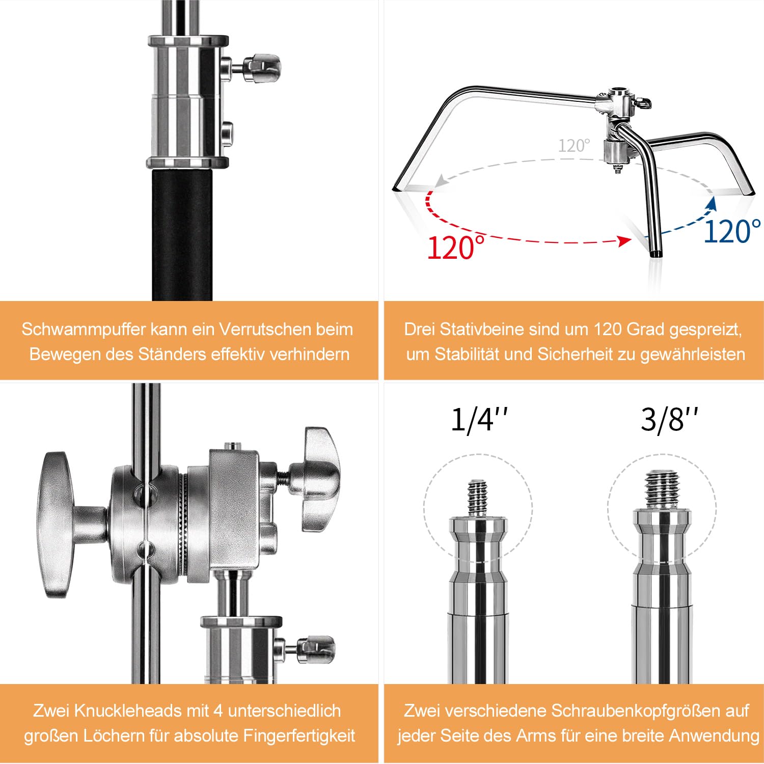 Bonnlo C Ständer, 150-300cm C Stand Stativ verstellbares Edelstahl-Stativ mit Auslegerarm für Fotoschirme, Reflektoren, Softboxen und Lampen
