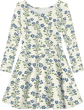KiuLoam Girls Long Sleeve Dresses A Line Casual Dress Kids Swing Skater Dresses 2-14T