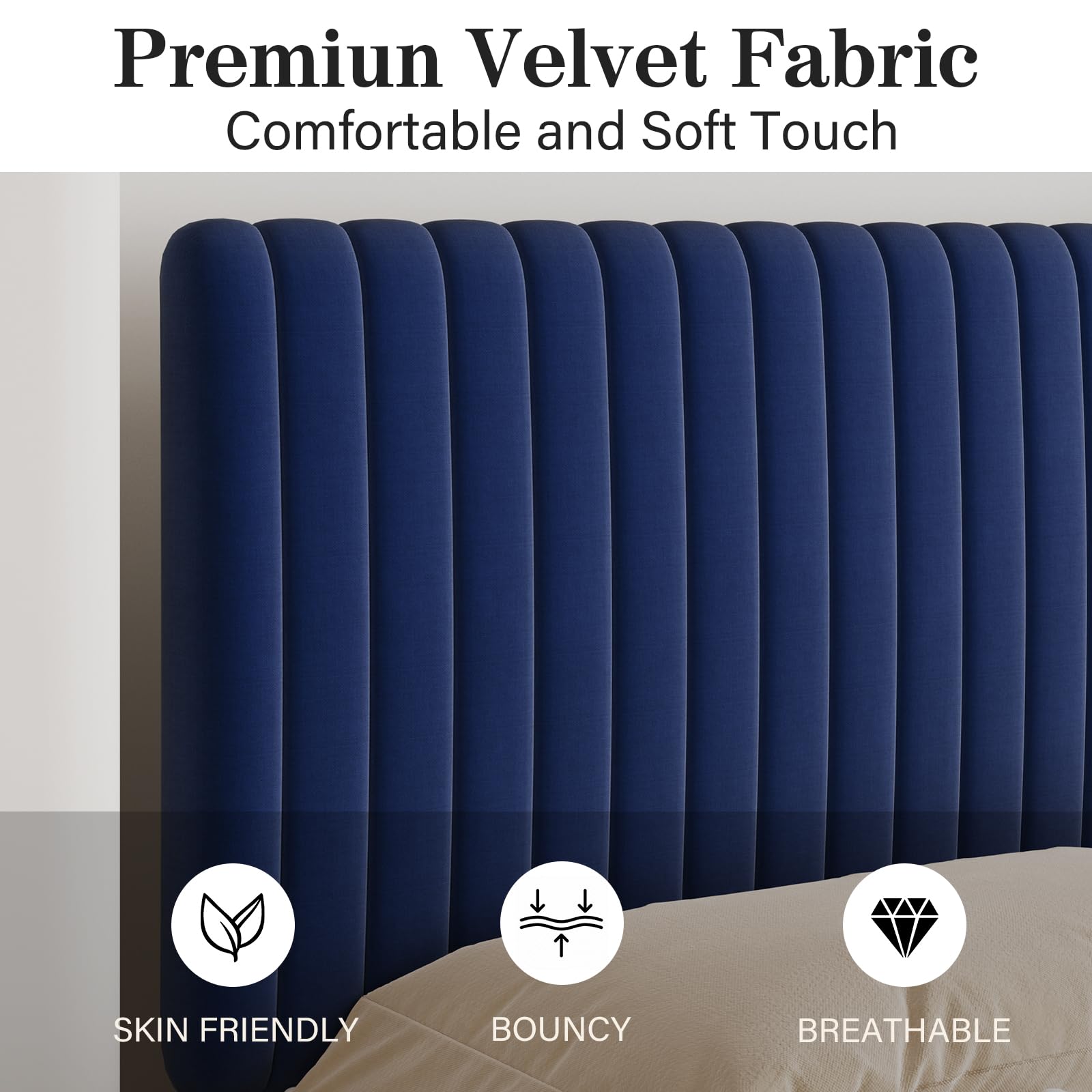 King Size Bed Frame and Headboard, Velvet Upholstered Platform Bed with Vertical Channel Tufted Headboard and Footboard, No Box Spring Required, Easy Assembly, Blue: Twin Blue