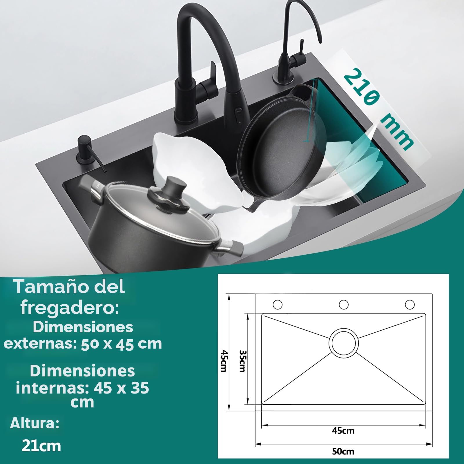 Fregadero de cocina Fregadero negro de acero inoxidable 304 para bar, balcón, bar y cocina con dispensador de jabón, grifo y juego de desagüe (gris oscuro, 50 x 45 cm)
