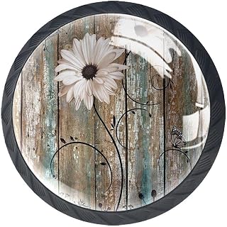 4 Pack Cabinet Knobs Rustic Wooden and White Floral Glass Drawer Knobs Black Dresser Knobs Drawer Pulls Door Knobs Dresser Drawer Handles for Kitchen Wardrobe Cupboard Hardware Furniture