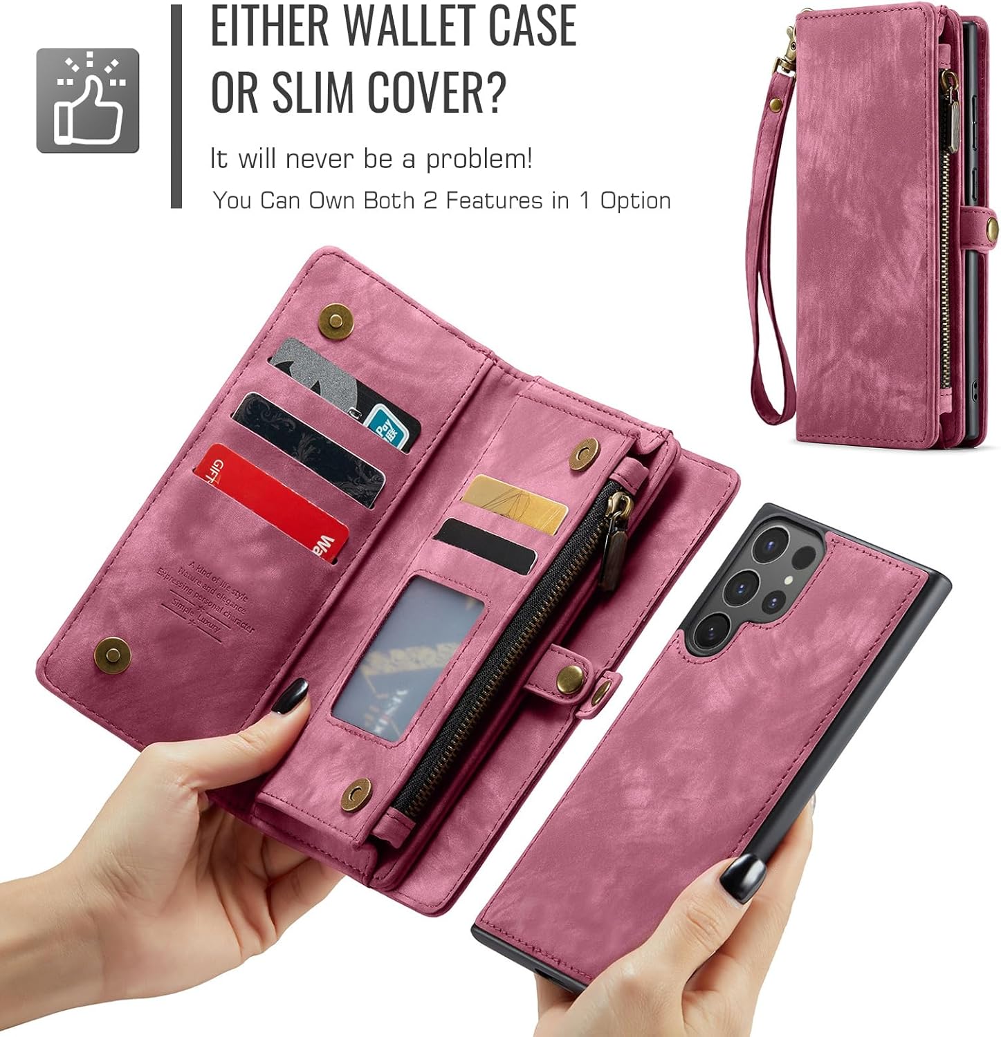 Asuwish Phone Case for Samsung Galaxy S25 Ultra 5G Zipper Wallet Magnetic Detachable Cover with Tempered Glass Screen Protector and Flip Cash Card Holder Cell S25Ultra 25S S 25 25Ultra Women Men Red