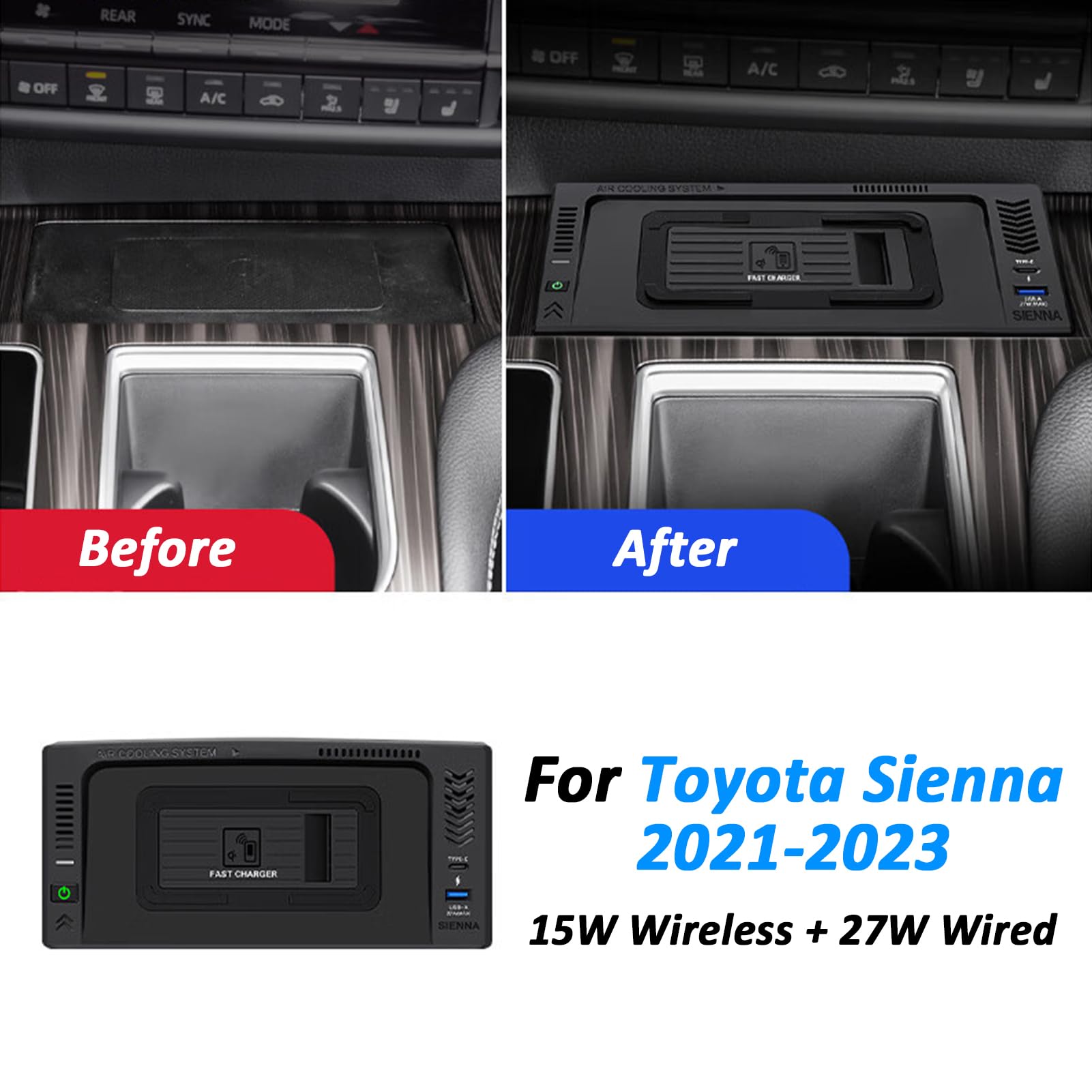 Samochodowa Bezprzewodowa ładowarka dla Toyota Sienna 2021-2023, Indukcyjna ładowarka Bezprzewodowa, 15W Szybki Bezprzewodowy Stojak ładowania Qi-certyfikowany, Konsole Centralne Akcesoria