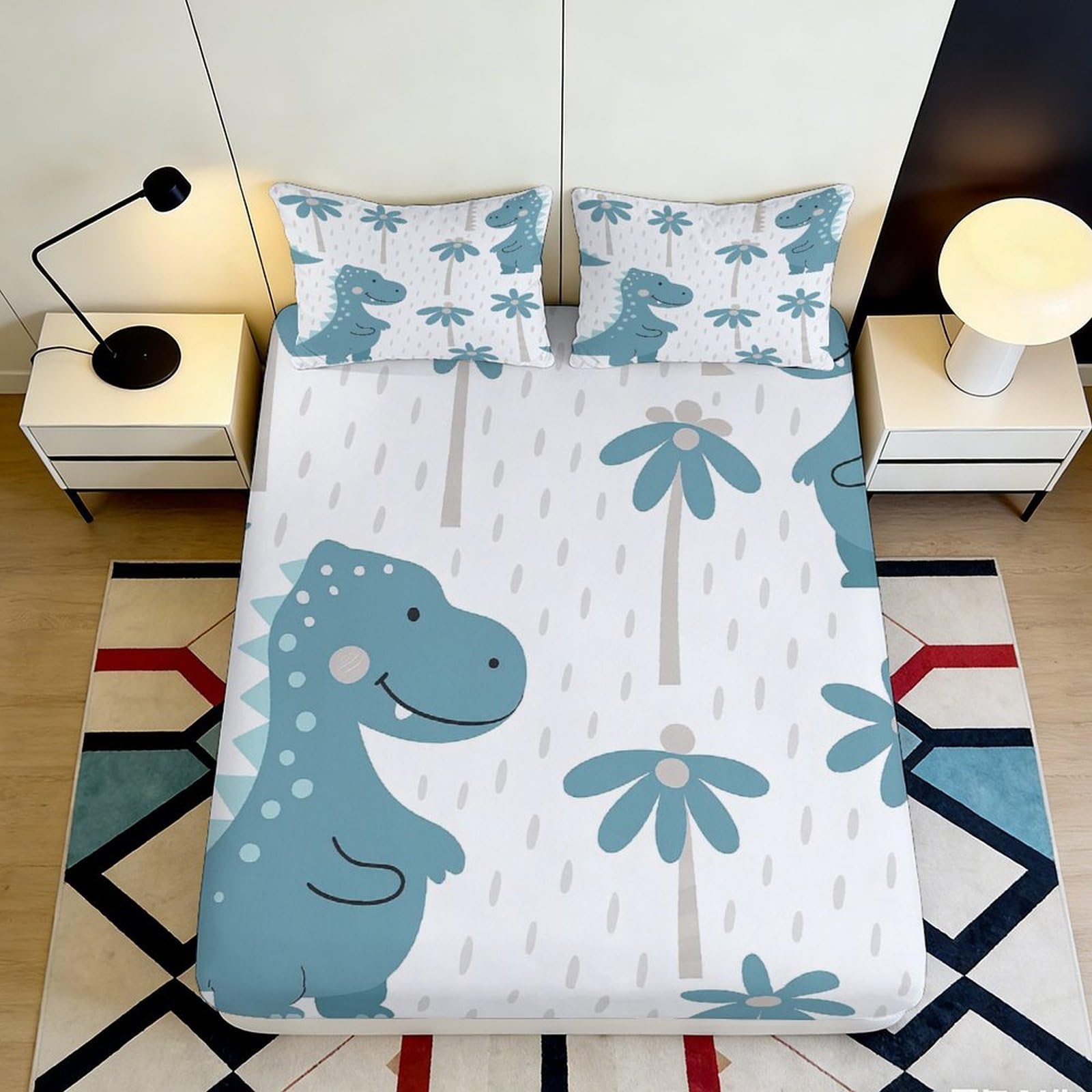 3D Printed Dinosaur Fitted Sheet Microfiber Deep Pocket Non-Slip Bedroom Bedding Dinosaur Mattress Fitted Cover for Adults Teens 200x200x25cm