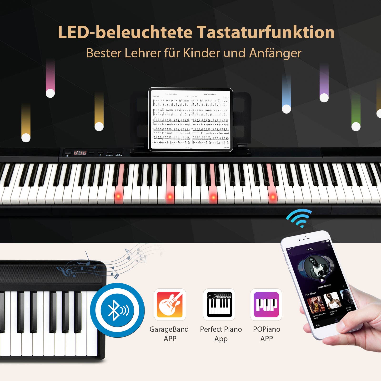 COSTWAY 88 klawiatur na pianinie elektrycznym, cyfrowa klawiatura przenośna (128 rytmów, 128 dźwięków i 20 demo), zestaw instrumentów muzycznych dla dzieci i dorosłych