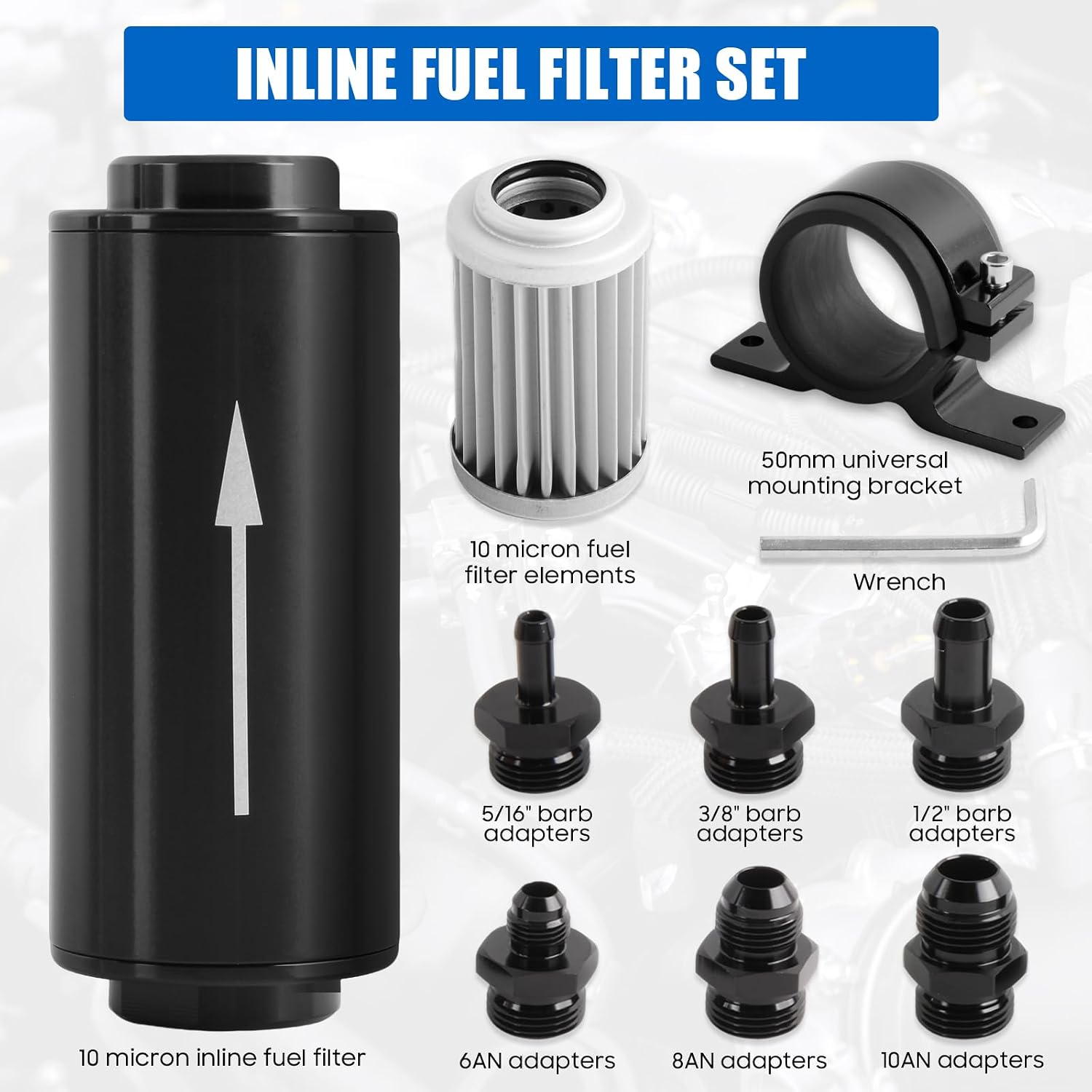 10 Micron Inline Fuel Filter Include 1/2" 3/8" 5/16" Barb Adapter 6Pcs, 6AN 8AN 10AN Adapter 6Pcs, 50MM Universal Bracket Clamp, 10 Micron Filter Replacement Kit