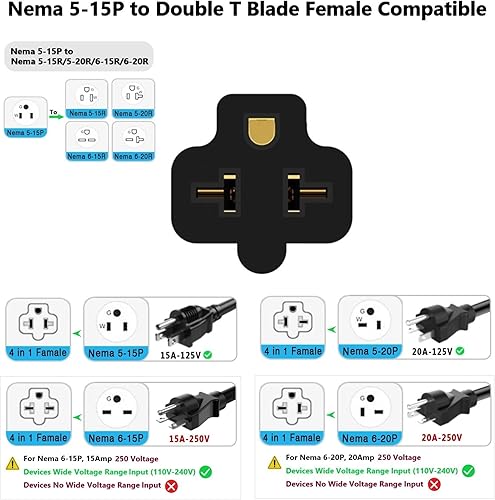 Miniatura 3 de Cable adaptador de clavija de CA para el hogar de 1 pie de 15 amperios a hoja T de 20 amperios, 12AWG Nema 5-15P a 5-20R, 5-15P a 6-15R20R 20 Amp a