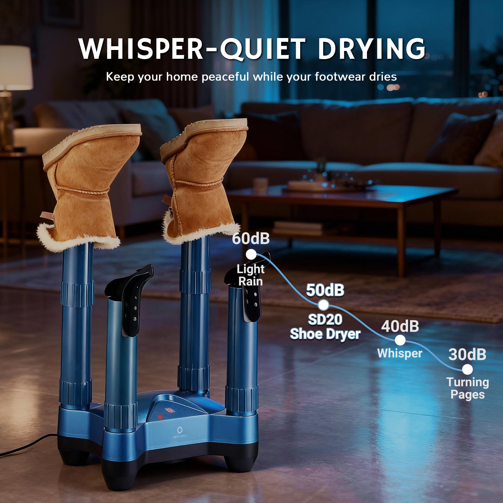 AIRTHEREAL SD20 Secador de Zapatos & Desodorizador Ozono | Secador Eléctrico 4 Brazos para Botas de Fútbol (Mundial), Senderismo, Esquí & Trabajo | Con Temporizador, Azul