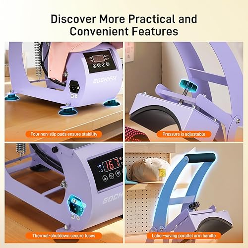 Miniatura 7 de Prensa de calor, control preciso de temperaturatemporizador, placa de calor curvada de 6.54 x 3.84 pulgadas, 2 almohadillas para sombreros,