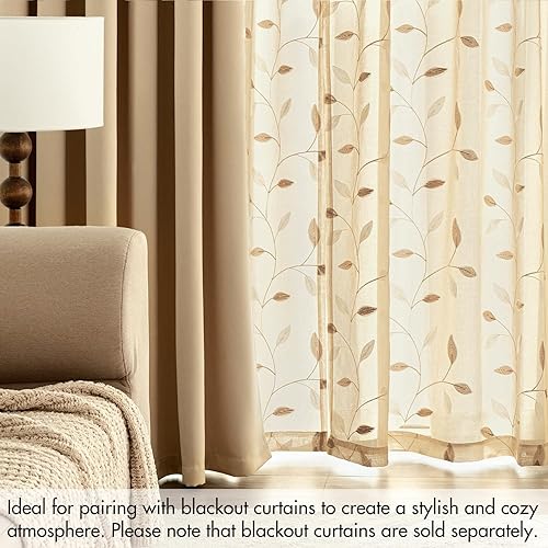 Miniatura 7 de MIULEE - Cortinas traslúcidas caqui de 2 paneles con patrón bordado de hojas, bolsillo con varilla, estilo floral, de lino sintético, cortinas