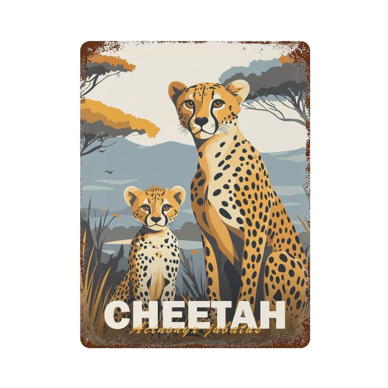 Cheetah Mother And Cub Vintage Metal Tin Sign 15.7"x11.8", Ideal for Cafe, Home Bar And Lounge Decor