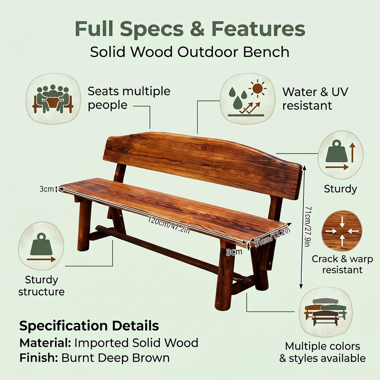 Solid Wood Outdoor Garden Bench,Rustic Outdoor Furniture Seat Chair