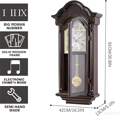 Miniatura 3 de Reloj de pared vintage de 36 pulgadas con péndulo y campanilla, timbre de horacuarto de hora, marco de madera de fresno, reloj de pared grande