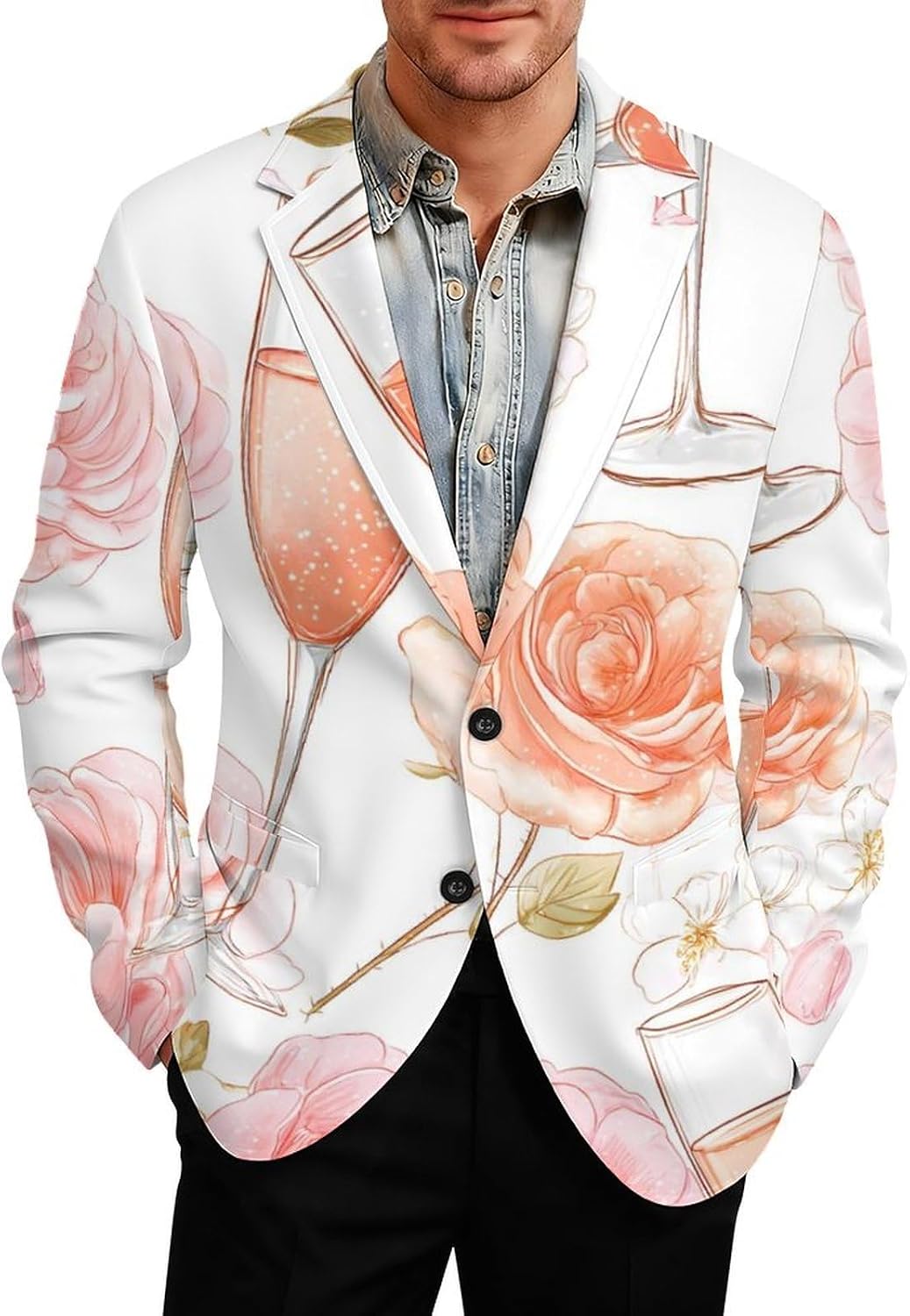 Rose Champagne Glasses Classic Suits Blazer for Men Business Tuxedo Jacket