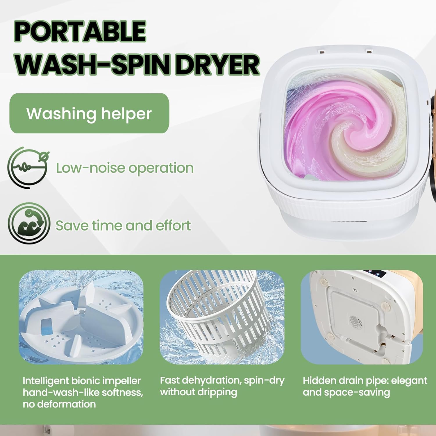 Portable Washing Machine Mini Washer for Apartments - Compact, Foldable Countertop Clothes Washer & Dryer Combo, Small Lavadora Portatil, Handheld Laundry Machine (Green, Large)