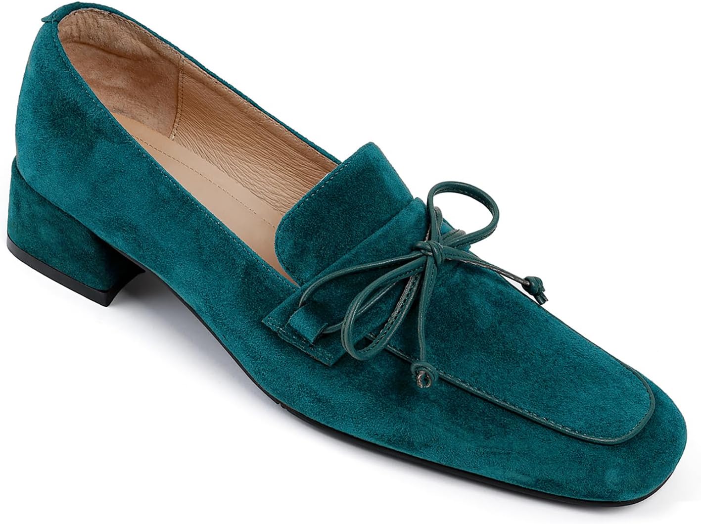 MOOMMO Women Chunky Low Heel Loafers Bow Suede Slip On Closed Square Toe Loafer Shoes Oxfords Comfy 1 Inch Block Heels Dress Shoes Pumps Office Work Pumps Vintage Retro Teal 7.5 M US - Image 4