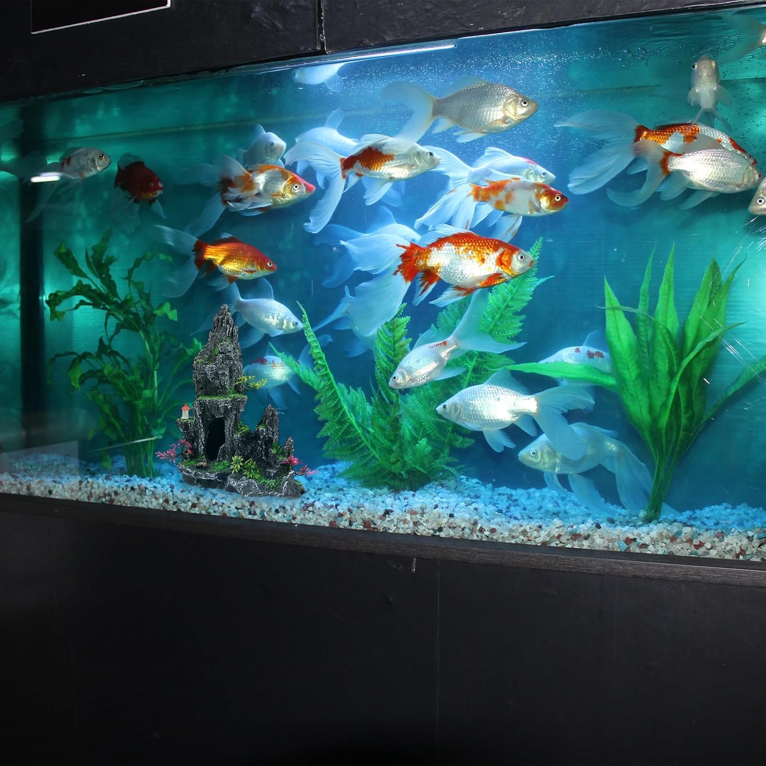 Decorazione per acquario in resina extra con grotta e casa sull'albero, grande ornamento tematico per acquario, decorazione per acquario (con piccoli pesci e piante acquatiche in plastica di
