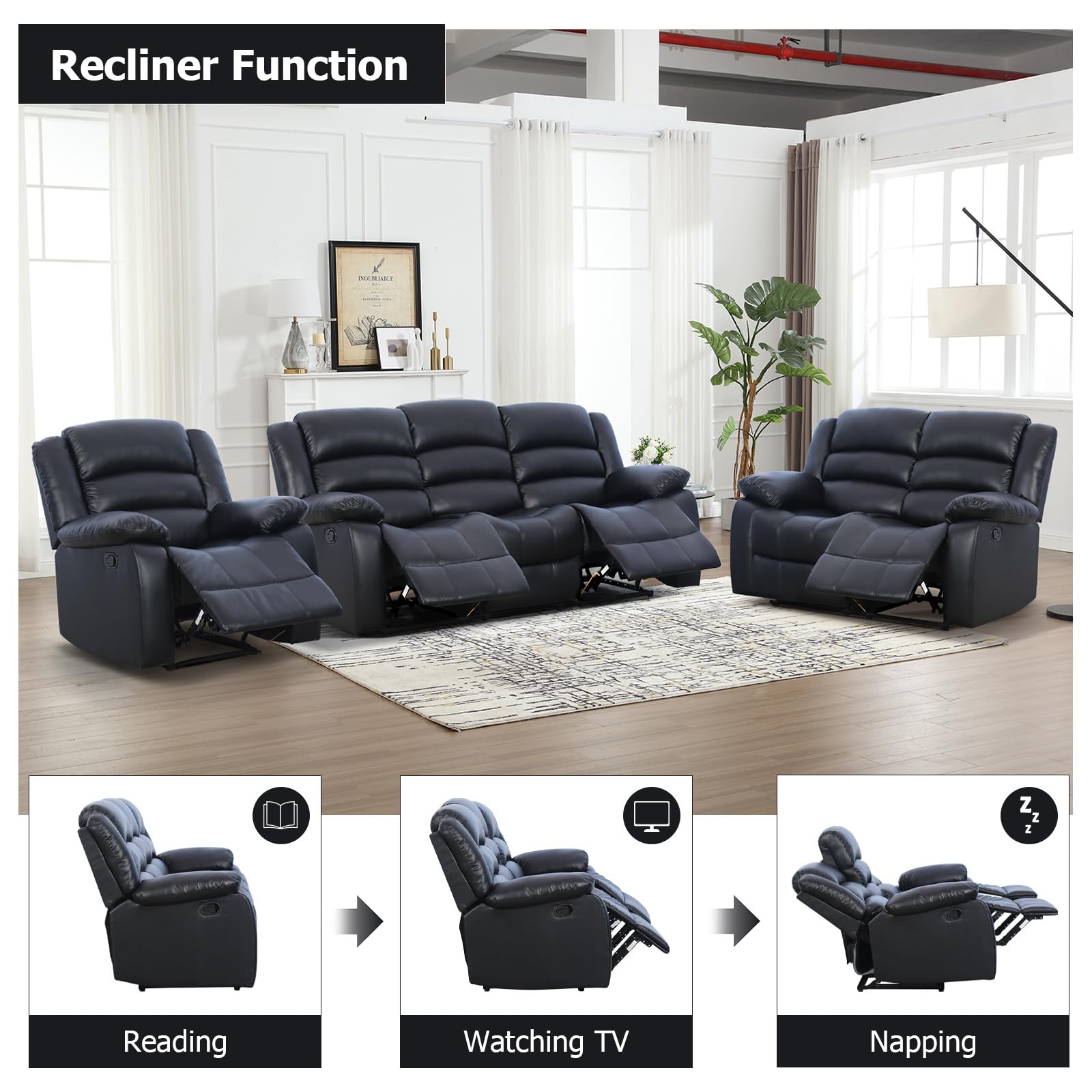 EBELLO Manual Recliner Sofa Set, Faux Leather Reclining Couch Furniture Set for Living Room, Includes 1 Recliner Chair, 1 Loveseat Sofa and 1 3-Seater Reclining Couch, Black view 4