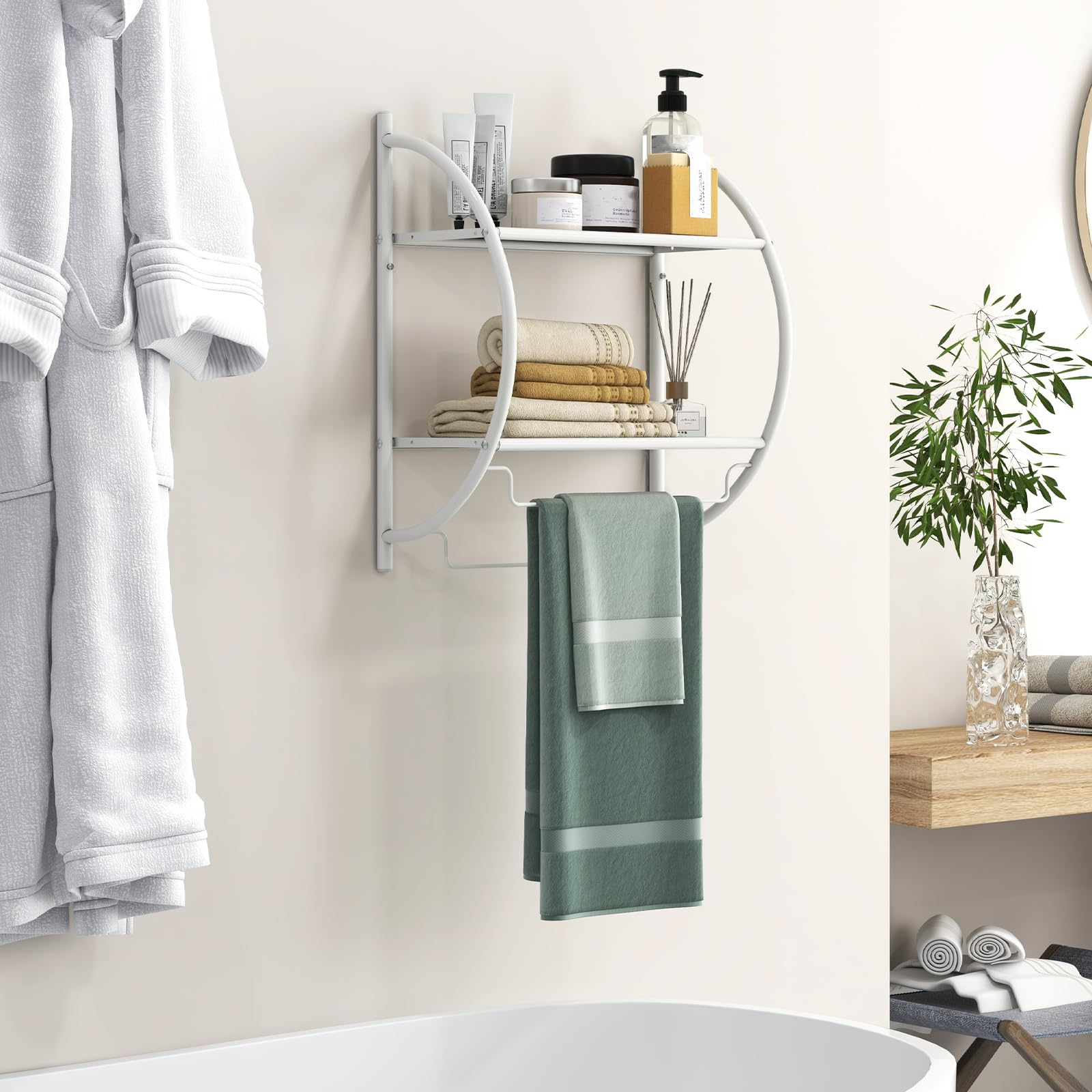 GIANTEX Porta Asciugamani Bagno da Parete, Mensola Doccia con 2 Ripiani e 2 Portasciugamani, Antiruggine, 45x25,5x55 cm Bianco