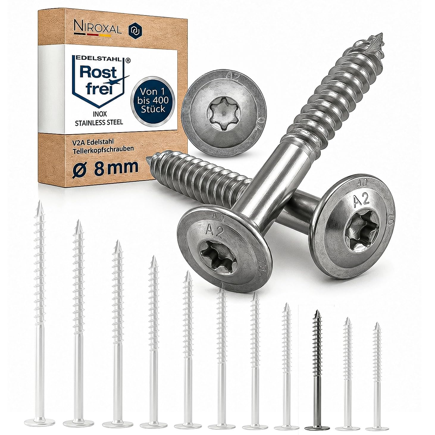 Tellerkopfschraube Edelstahl A2 ETA 8x80 TX40 Torx Holzbauschraube V2A Holzbau Carport Pergola Sparren 100 Stück