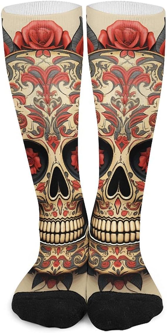 Red Rose Sugar Skull Calf Work Socks for Men, Athletic Crew Sock for Women, Breathable High Boot Socks