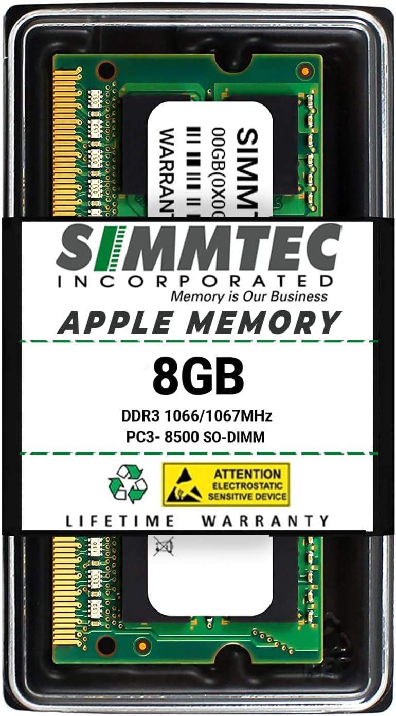 Simmtec 8GB PC3-8500 DDR3 1066/1067 MHz RAM for MacBook (Mid 2010 13 inch), MacBook Pro (Mid 2010 13 inch), iMac (Late 2009 27 inch i5/i7), Mac Mini (Mid 2010) | 204-Pin SODIMM Memory Upgrade Module