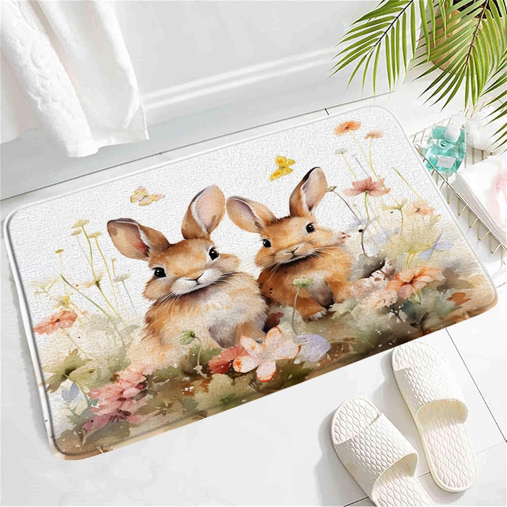 Cute Bunny Easter Bath Mat,Spring Festival Farmhouse