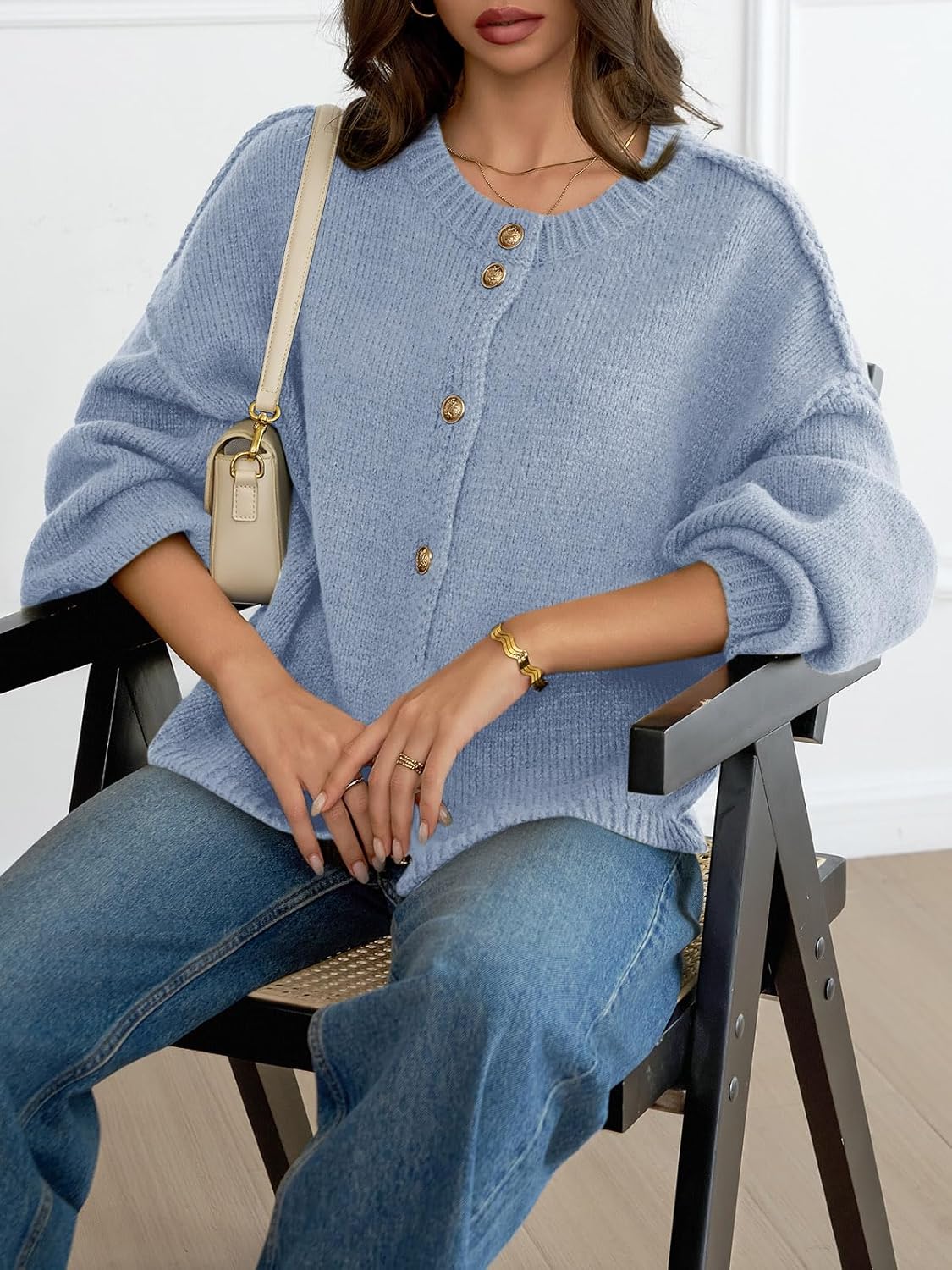 Saodimallsu Womens Oversized Cardigans Button Up Long Lantern Sleeve Chunky Knit Casual Soft Fall Sweater Coats - Image 4