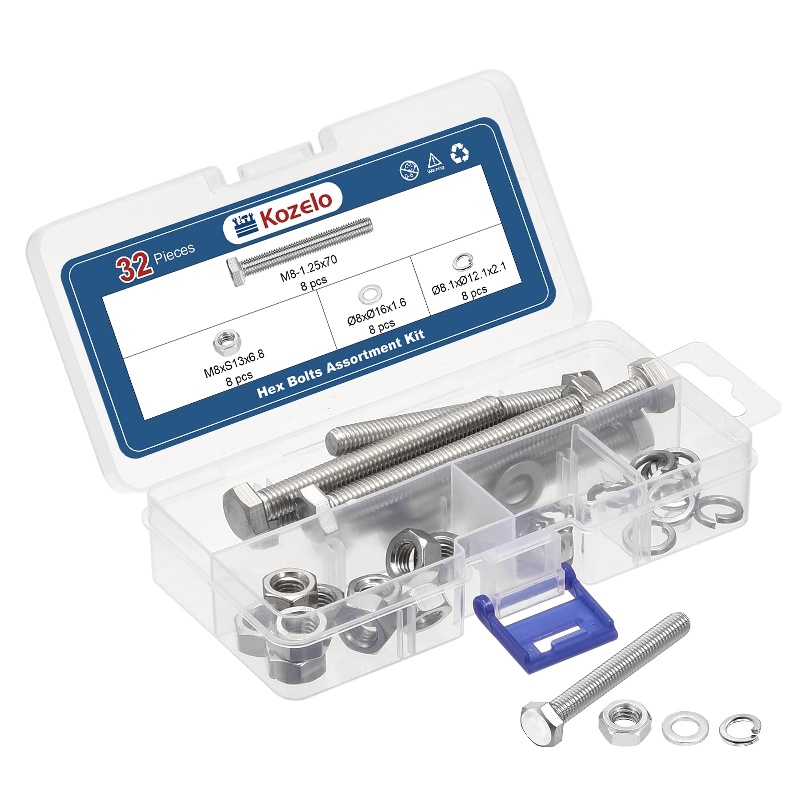 Kozelo 32 Pcs Bolts and Nuts Washers Kit - [M8-1.25x70] 304 Stainless Steel Hex Tap Bolt Assortment Fully Threaded Hexagon Head Machine Bolts Right Hand External Hex Drive, Silver Tone — image 1