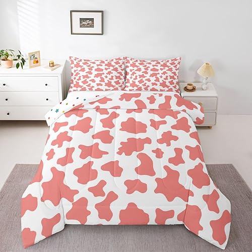 Erosebridal Peach Red Cow Print Bedding Full,Cow Bed Quilt Cow Print Down Comforter Cow Comforter Set Cow Print Room Decor for Teen Girls,White Animal Skin Kawaii Room Decor (LWHS3056WT-BZ_USf)
