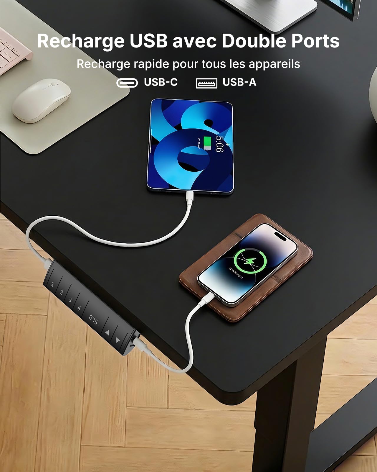 HUANUO Bureau Debout 160 x 80 cm avec Port de Charge USB-C et USB-A, Hauteur réglable de 72 à 118 cm, 4 préréglages de mémoire, Gestion des câbles et Crochet