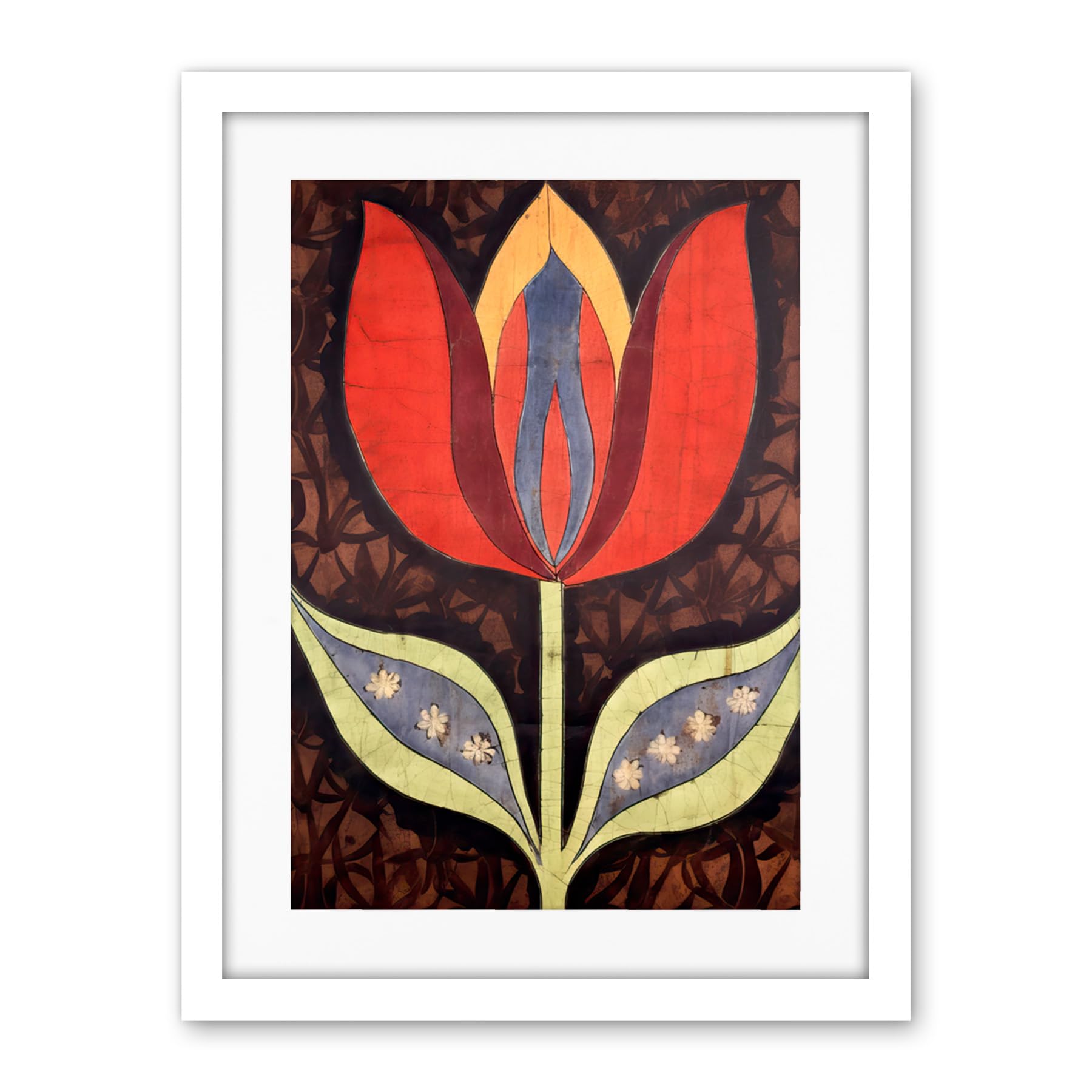Artery8 A Single Tulip Flower Batik Style Pattern Folk Art Artwork Framed Wall Art Print 18X24 Inch