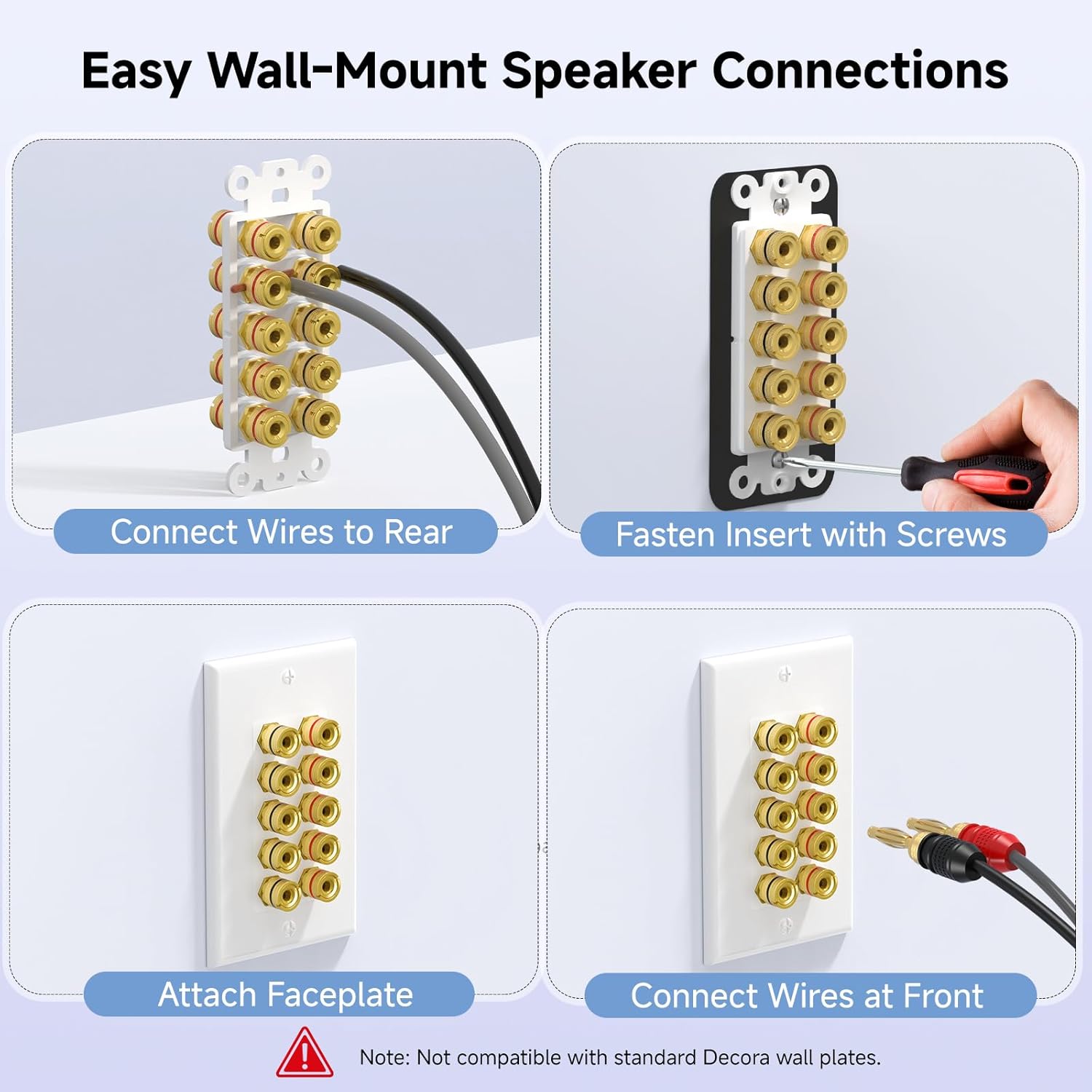 Cable Matters Speaker Wire Wall Plate, Gold Plated Speaker Wall Plate with Banana Plug Binding Post for 5 Speakers, White