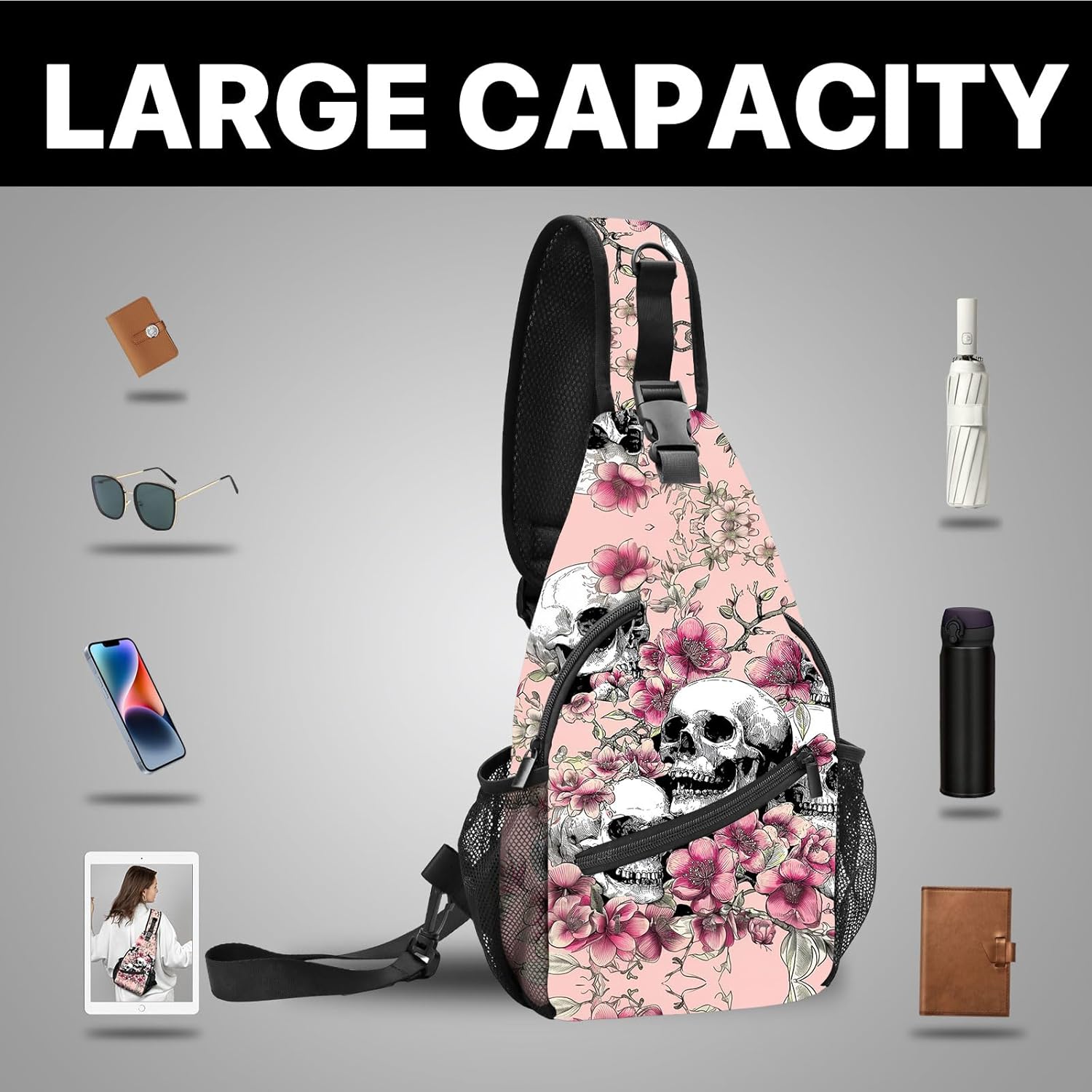 FyLybois Skull Sling Bag for Women Crossbody Backpack Lightweight Chest Daypack Fashion Shoulder Bags for Travel Hiking Biking - Image 4