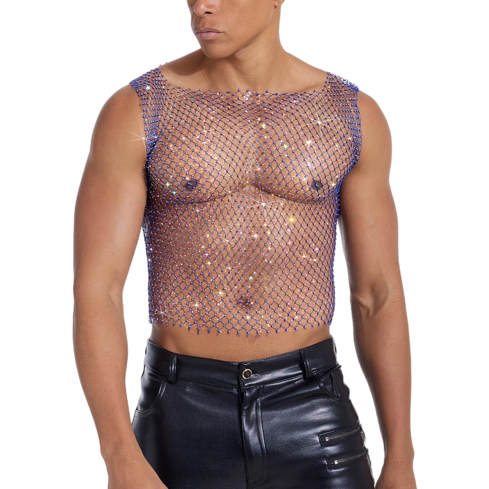 Hybursky Men's Blue Fishnet Crop Top Sexy Glitter Vest See Through Sleeveless Shirts Hollow Out Muscle Tank Top Novelty Party Clubwear Music Festivals Rave Outfits（Blue/L）