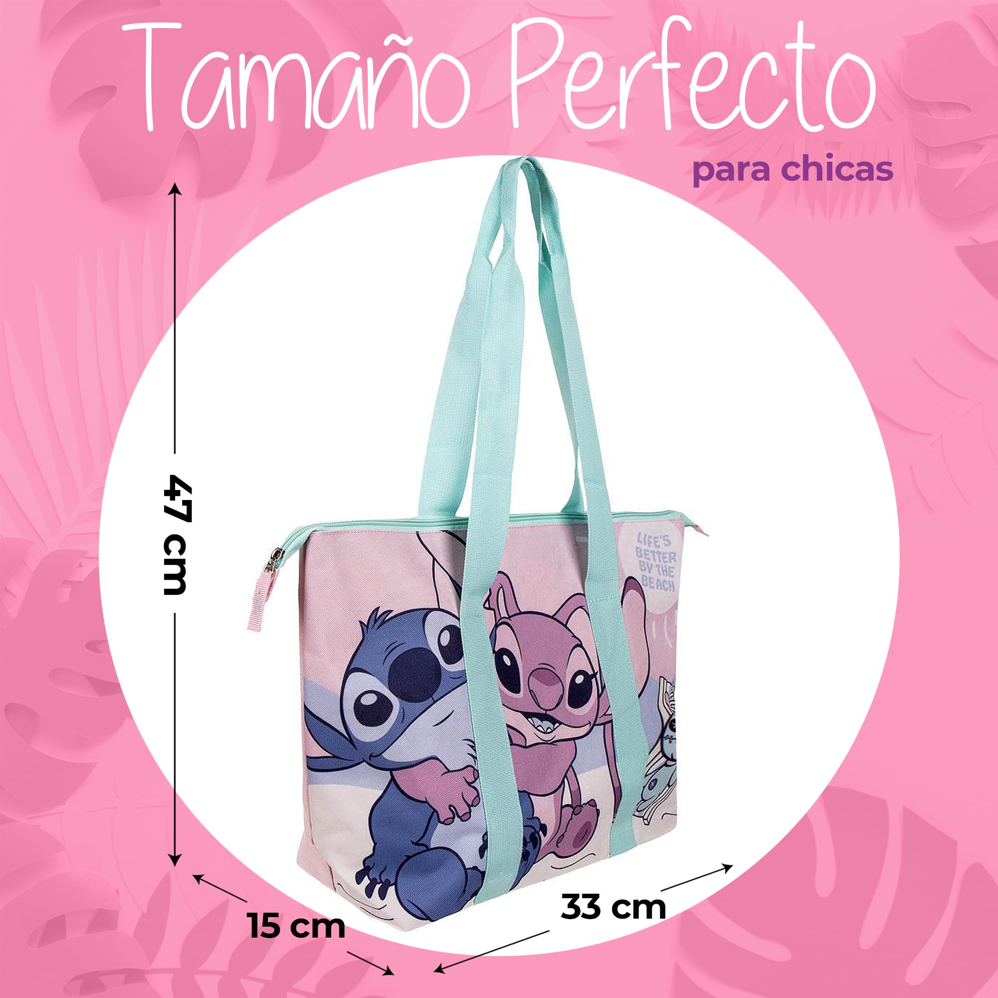 Bolso Stitch & Angel Niña – Bolsa Grande con Cremallera – Ligera y Espaciosa – Para Colegio, Piscina, Playa y Viajes