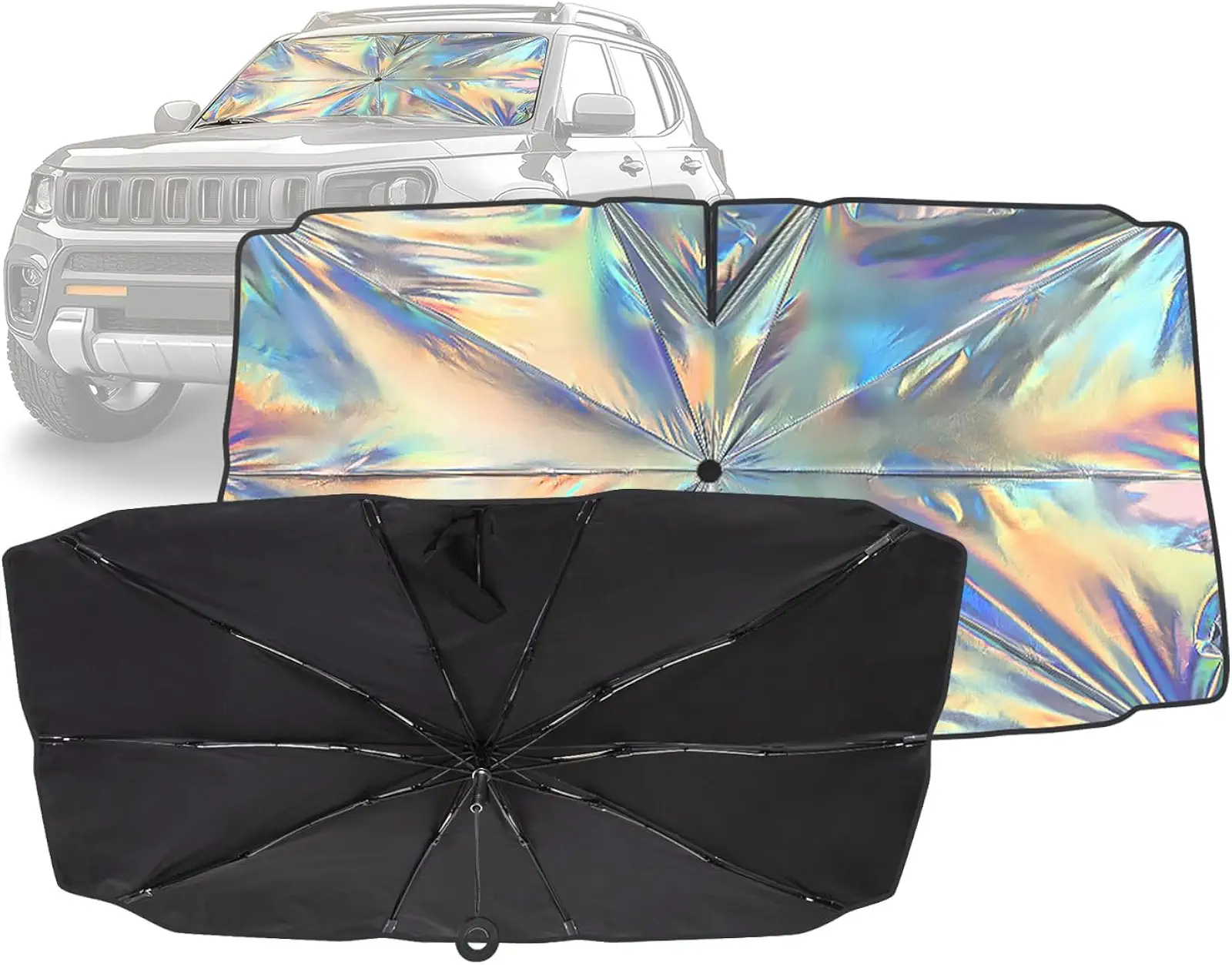 Aokway Car Windshield Sunshade Umbrella, Foldable Car Front Window Sunshade with 360° Rotating Drawstring Design, UV & Heat Protection, Fits Most Vehicle (XL 59.1 x 35.8 inch)