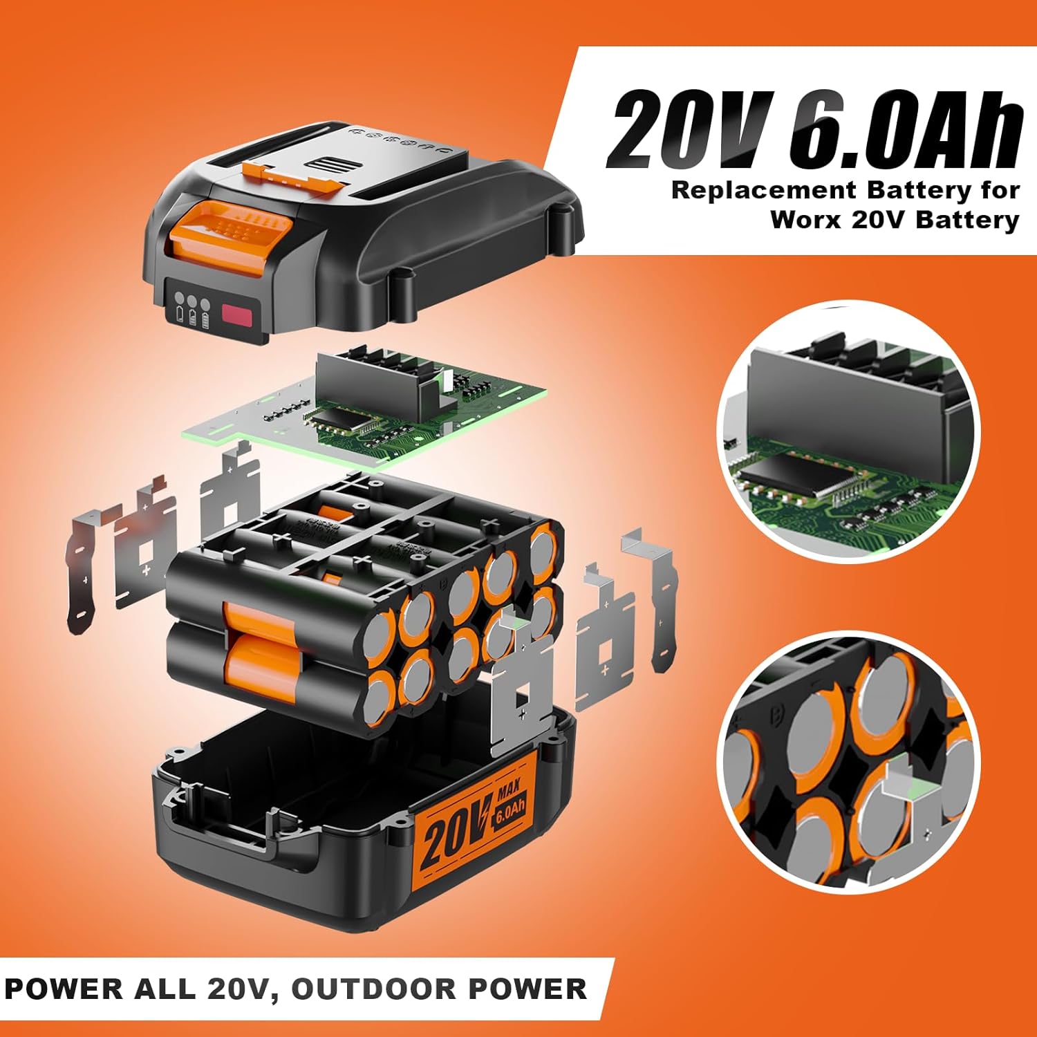 2Packs 20V 6.0Ah Replacement for Worx 20V Battery, Compatible with Worx Battery WA3578 WA3575 WA3520 WA3525 Fit for 20V Cordless Tools WG630, WG322, WG543, WG163 - Image 2