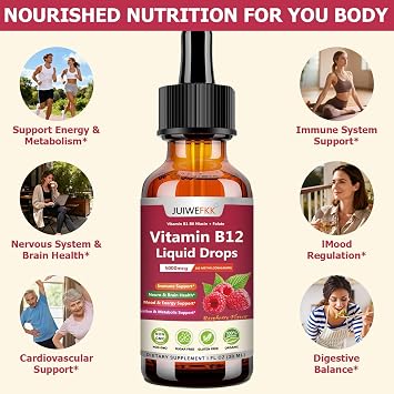 Liquid Vitamin B12 Drops 5000 mcg - Extra Strength B12 Methylcobalamin with B1 B6 B3 Folate Niacin - Fast Absorption Sublingual B-12 Drops for Energy Metabolism & Brain Function, Vegan B Complex