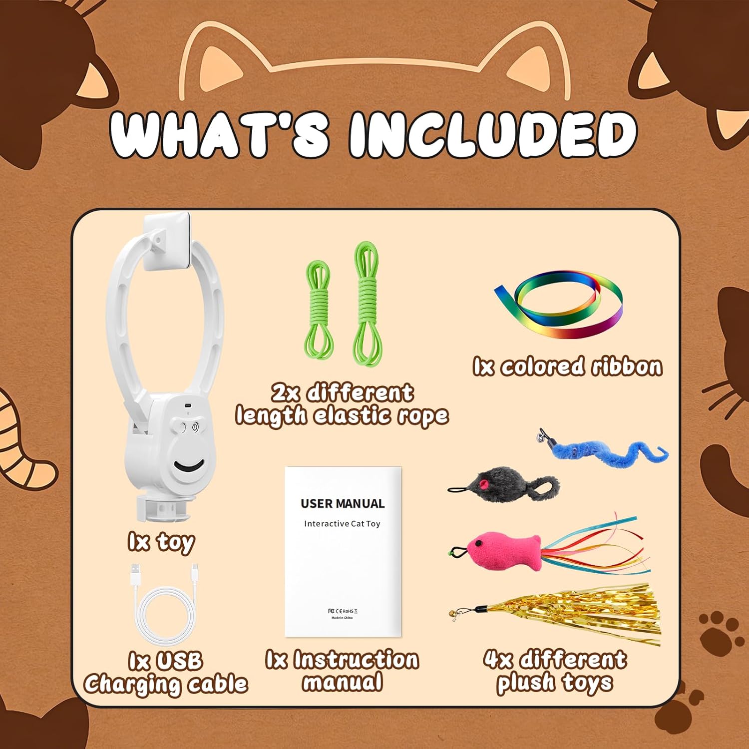 Automatic Cat Toy for Indoor Cats, Interactive Door Hanging Cat Toy with Smart Touch Restart, USB Rechargeable Cat Teaser with Elastic Rope, Adjustable Height Cat Toy for Kittens & Adult Cats (White)