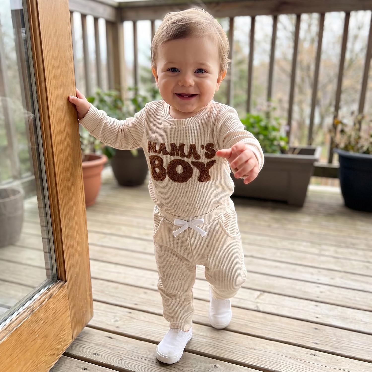 allshope Newborn Baby Boy Fall Outfit Romper Long Sleeve Letter Embroidery Jumpsuit Bodysuit Pants Infant Waffle Clothes Set