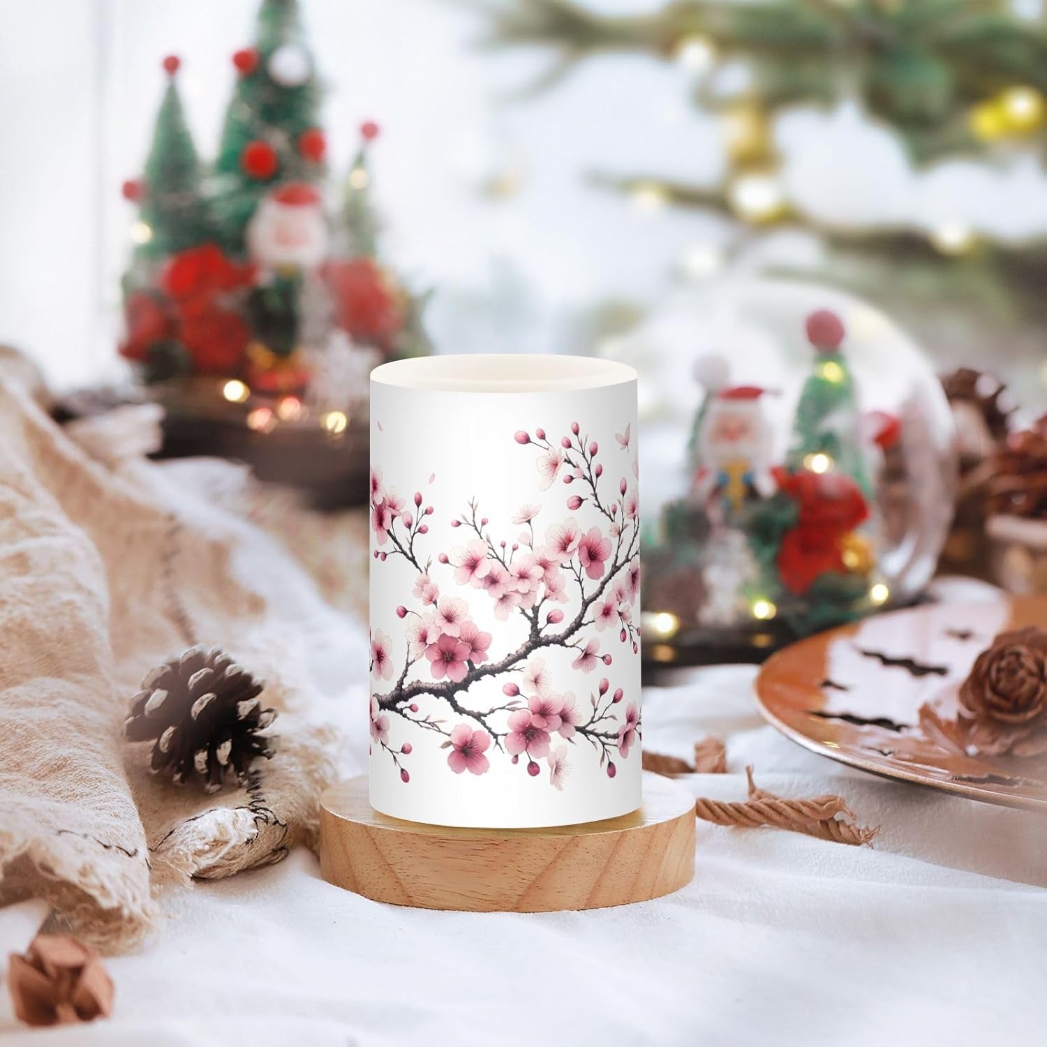 Flickering Flameless Candles, Pink Cherry Blossom Flowers LED Candles with Remote Timer, Battery Operated Candle for Valentine Wedding Halloween Christmas Decor - Set of 2