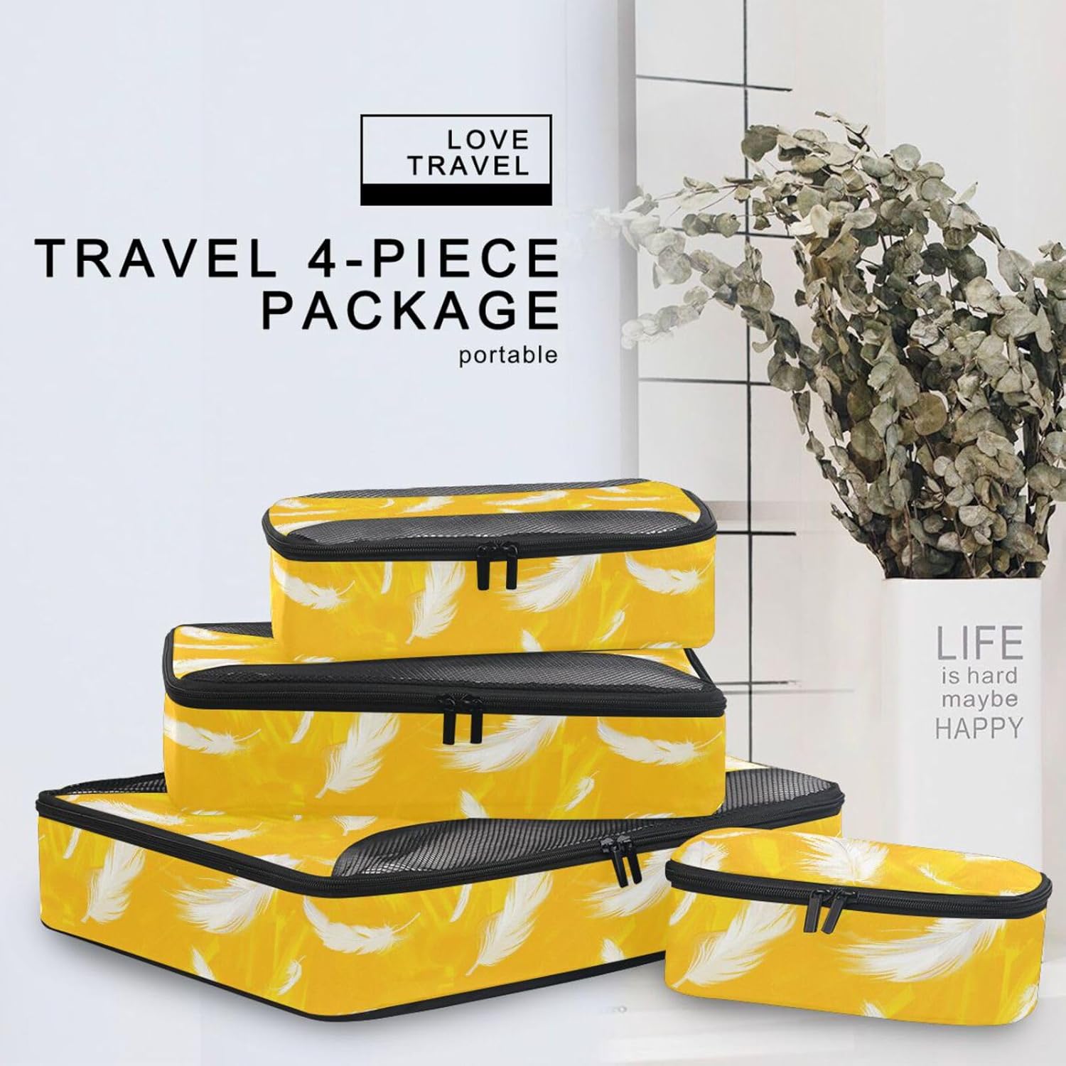 White Feathery 4 Pcs set travel organizers for Mesh Travel Essentials expandable packing cubes for women