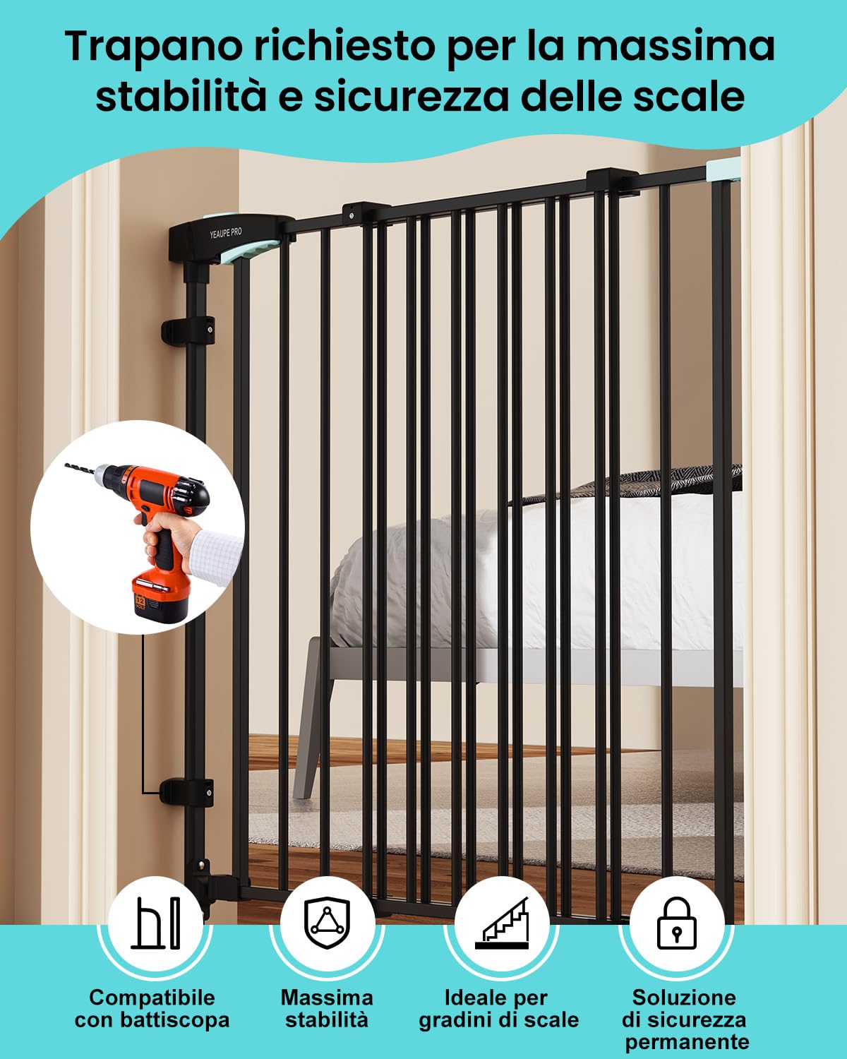 YEAUPE PRO Griglia di protezione per scale senza foratura, per bambini, 75 – 110 cm, telescopica, griglia di protezione per scale e porte, griglia di protezione per porte e cani, apertura manuale a 1