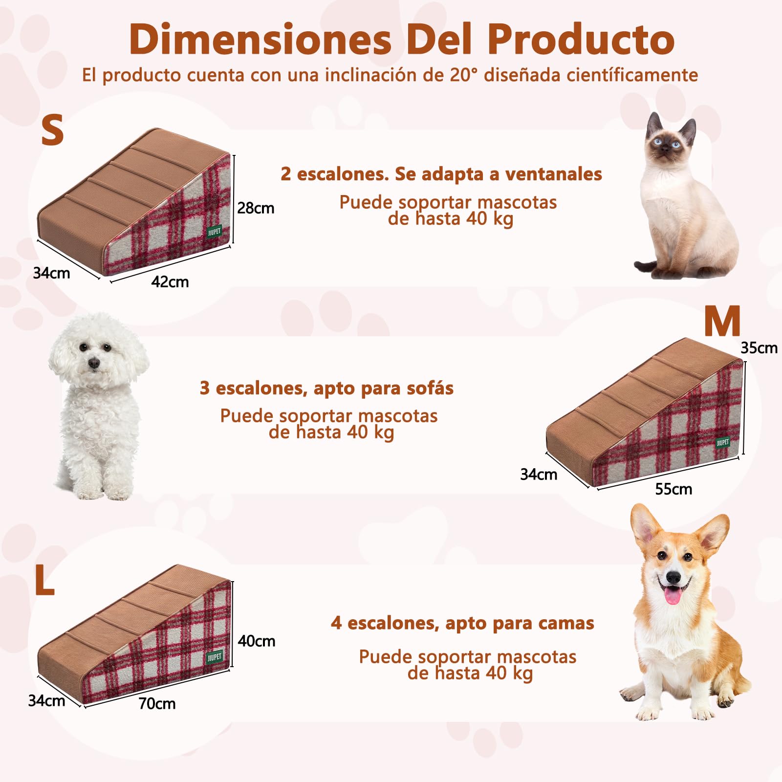 Galatée Escalera Antideslizante para Mascotas (Marrón, 3 Peldaños)