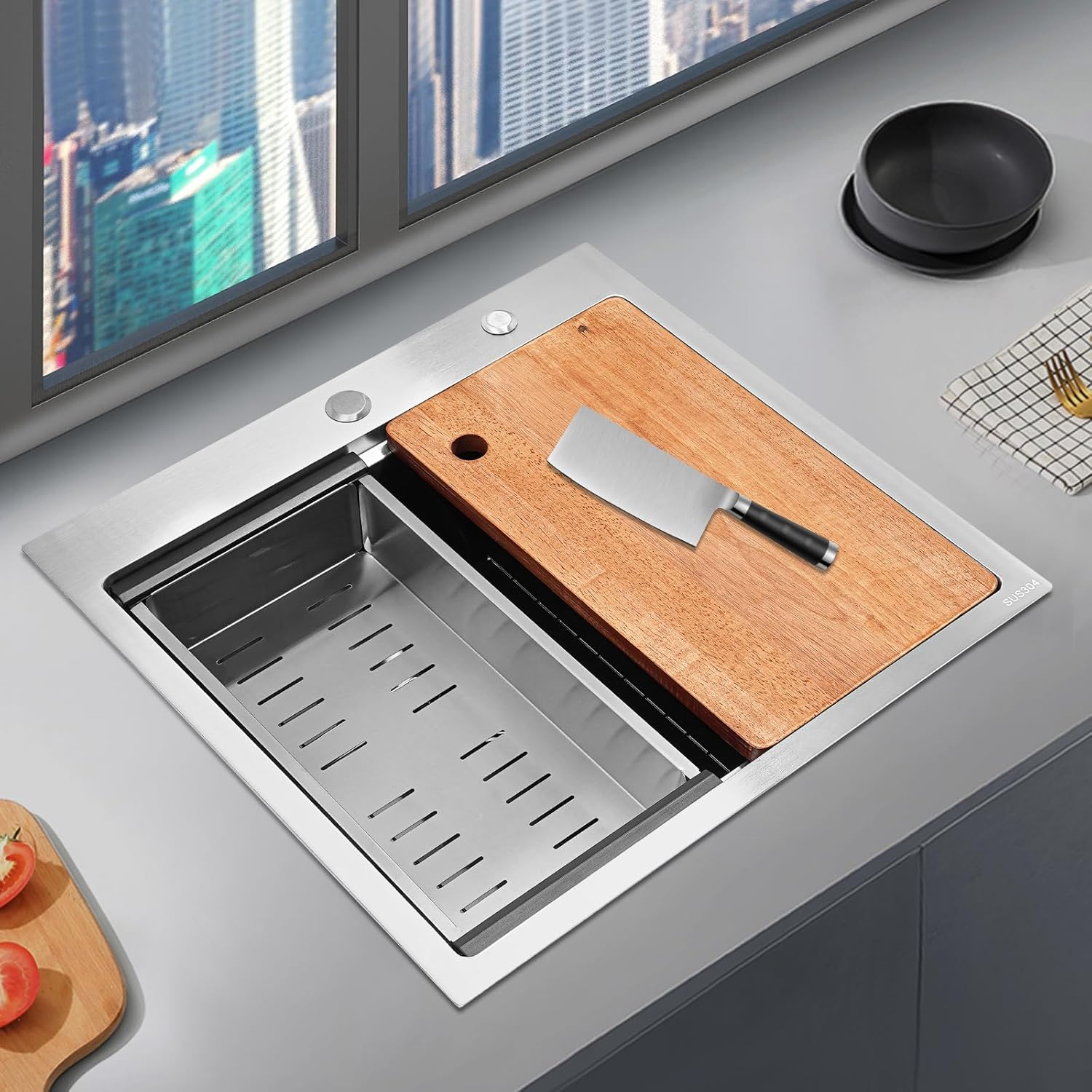 Kitchen Sink, 23 x 22 Inch Drop-in Stainless Steel Kitchen Sink Topmount Bar Sink Single Bowl Workstation Sink with Cutting Board for Home & Commercial