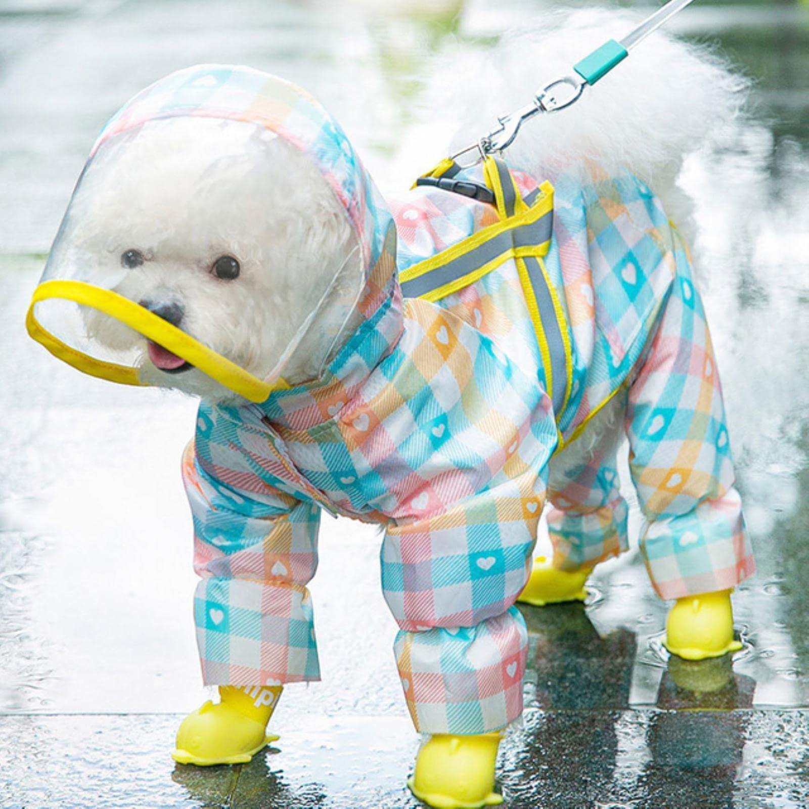 Impermeabile per Cani con Cappuccio, Copertura Integrale a Quattro Zampe con Cappello, Impermeabile con Cappuccio per Cani Tuta Riflettente Poncho Antipioggia per Cuccioli (Blue Large)