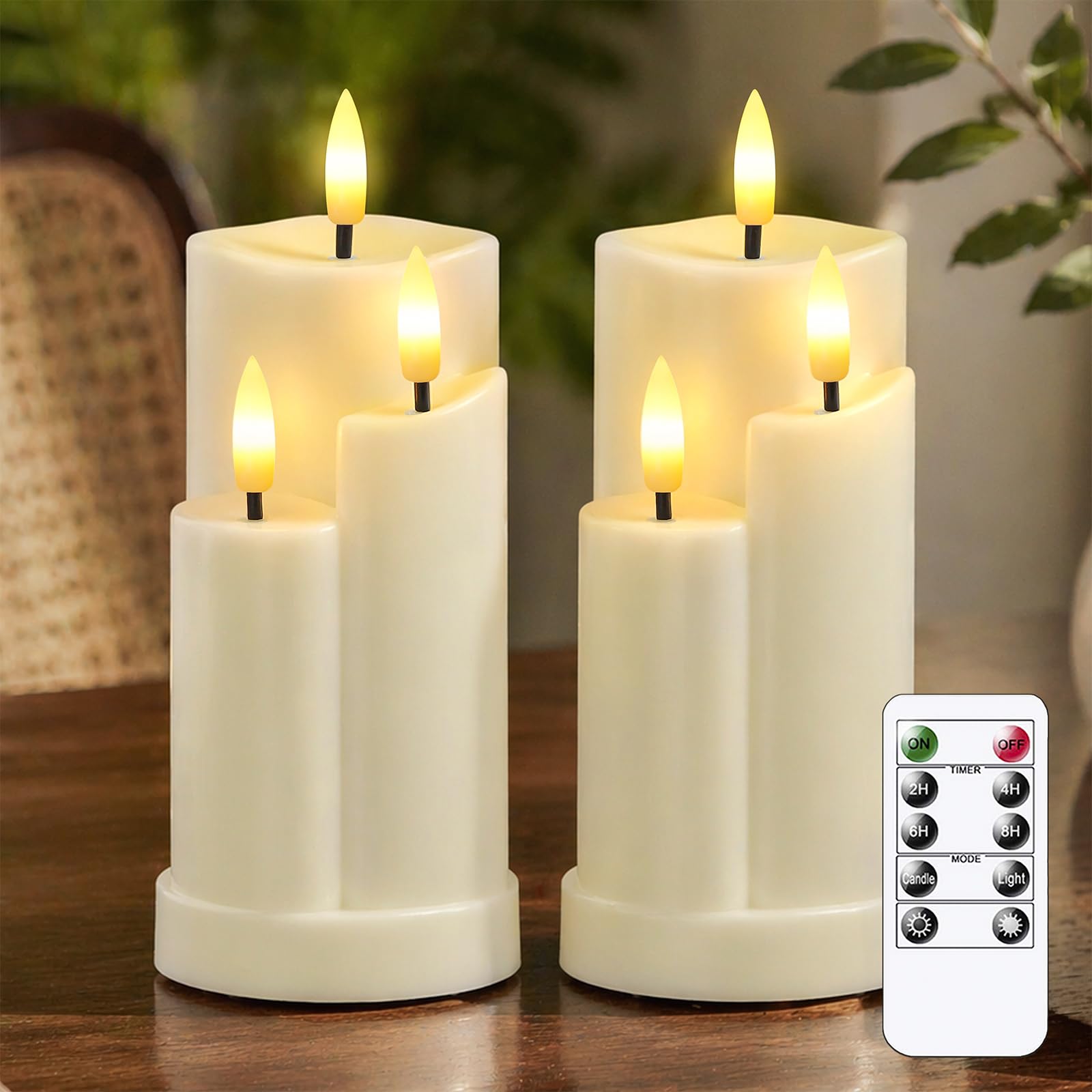 Bryxidor Pack of 2 Flameless Flickering 3-in-1 Ivory Plastic LED Candles with Remote, Battery Operated 400 Hours Long Lasting Cycle Timer 7.5cm x 15cm Pillar Warm Light for Indoor Decor